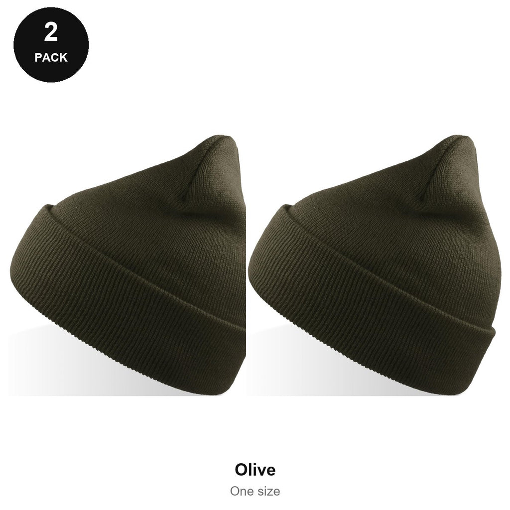 Beanie Hats 2 Pack - 100% recycled polyester knit, One Size - Olive