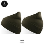 Beanie Hats 2 Pack - 100% recycled polyester knit, One Size - Olive
