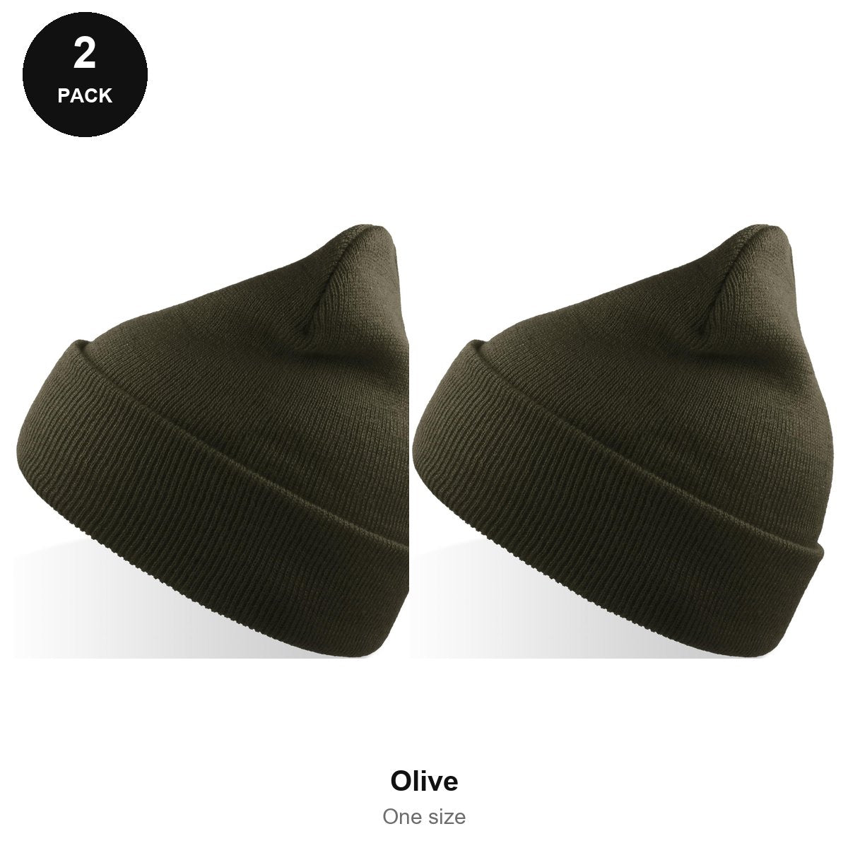 Beanie Hats 2 Pack - 100% recycled polyester knit, One Size - Olive