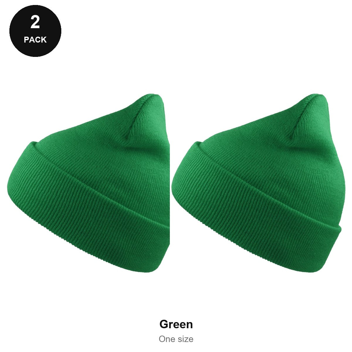 Beanie Hats 2 Pack - 100% recycled polyester knit, One Size - Green