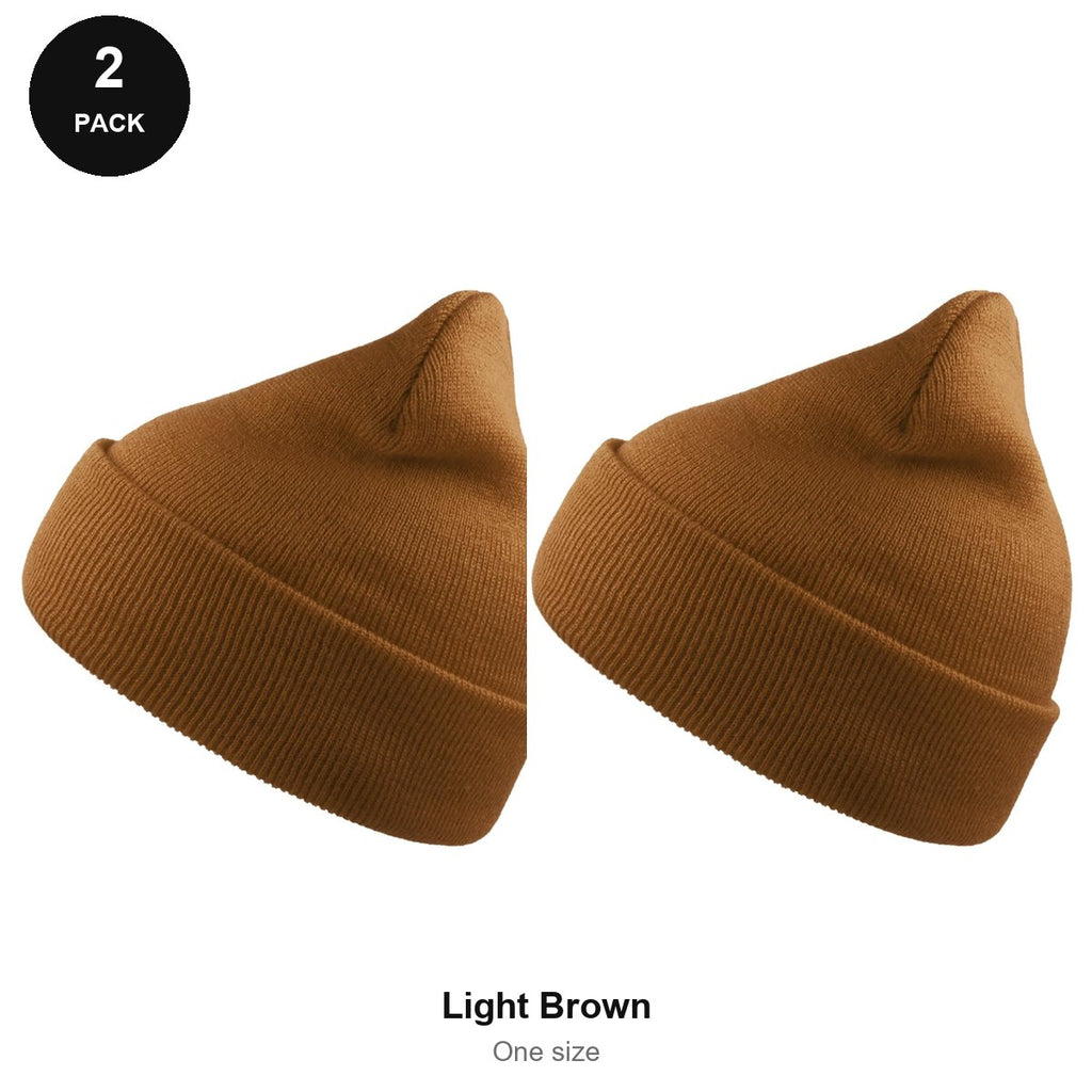 Beanie Hats 2 Pack - 100% recycled polyester knit, One Size - Light Brown