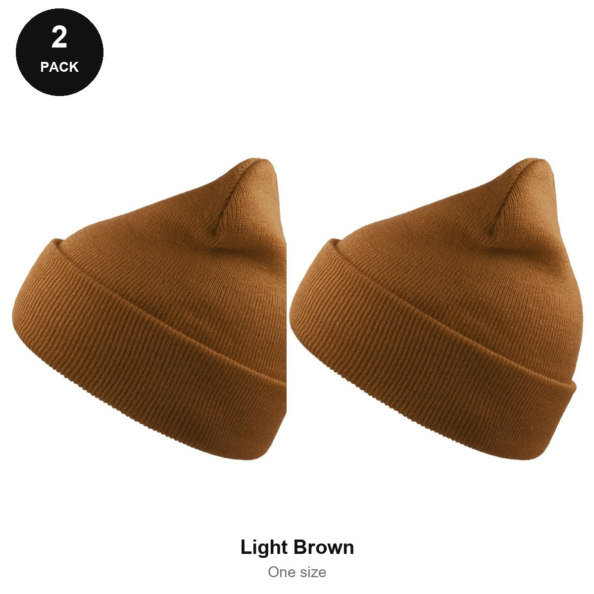 Beanie Hats 2 Pack - 100% recycled polyester knit, One Size - Light Brown