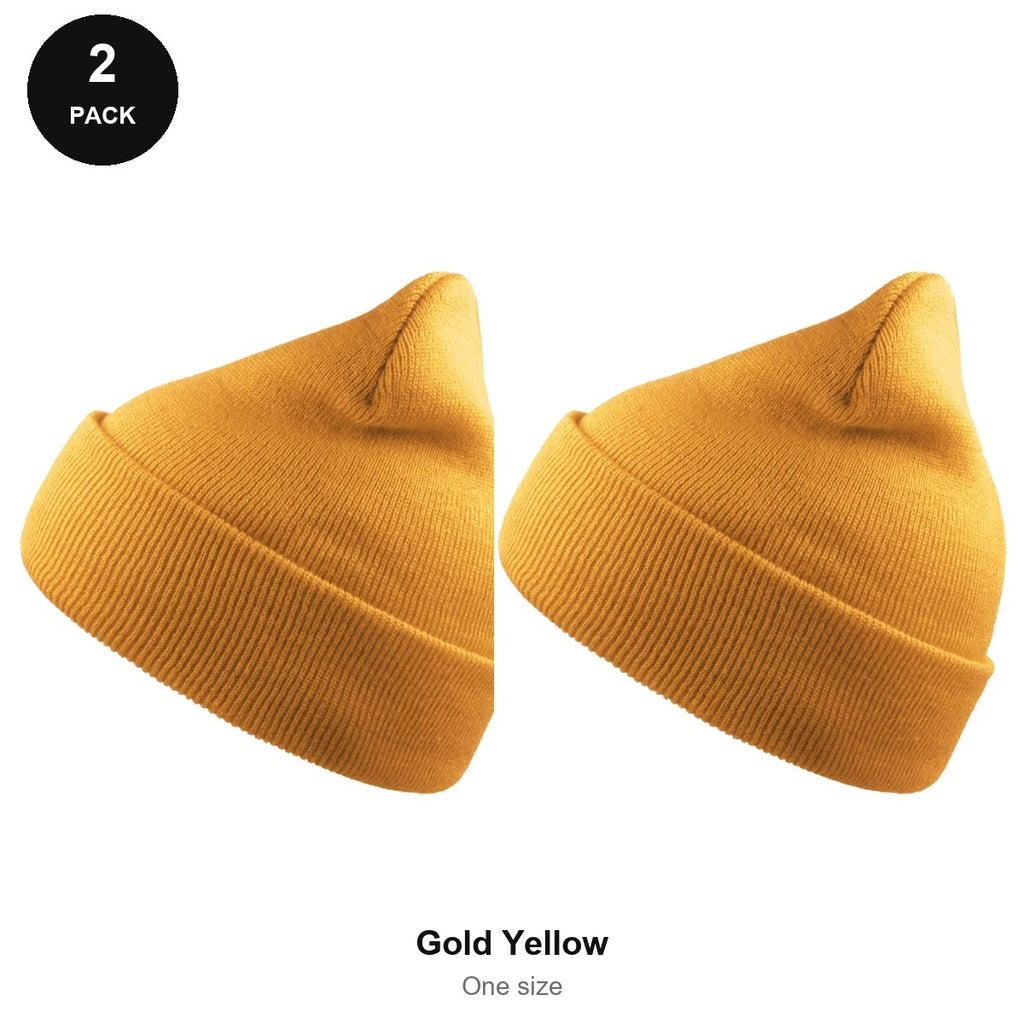 Beanie Hats 2 Pack - 100% recycled polyester knit, One Size - Gold Yellow