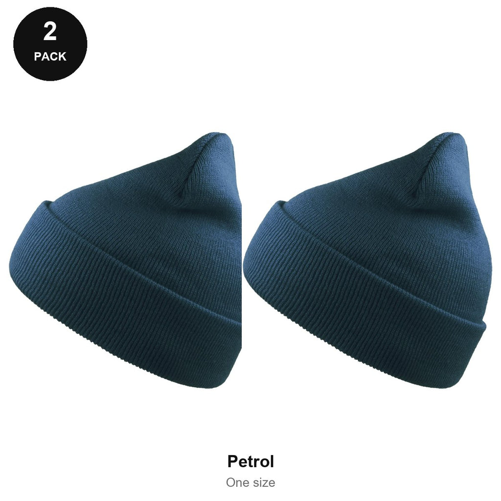 Beanie Hats 2 Pack - 100% recycled polyester knit, One Size - Petrol