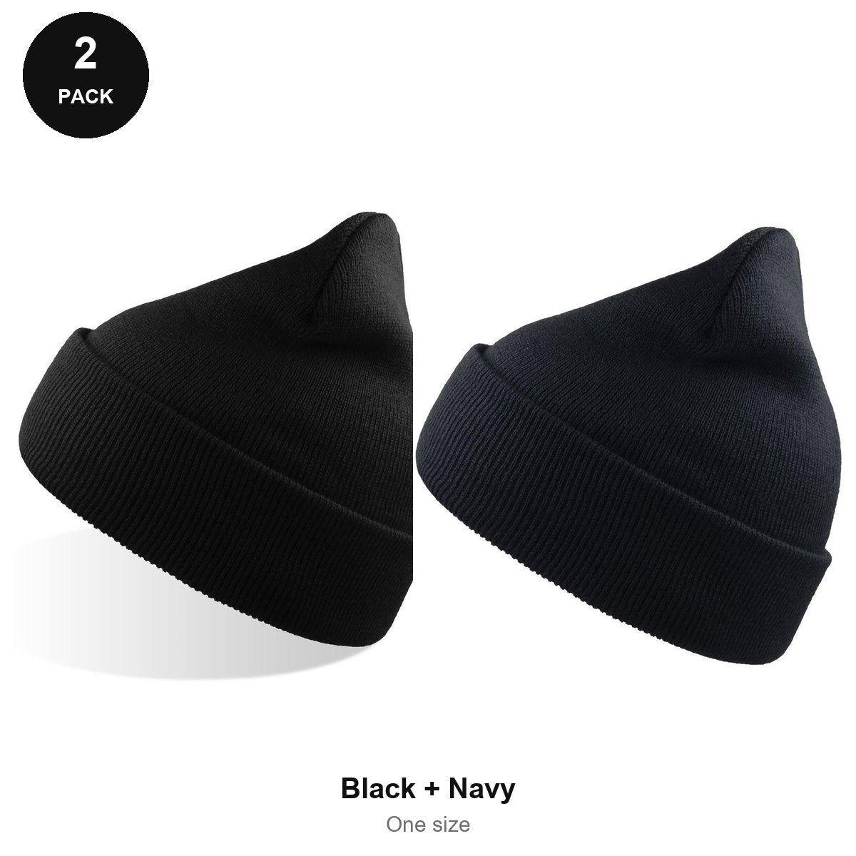 Beanie Hats 2 Pack - 100% recycled polyester knit, One Size - Black + Navy
