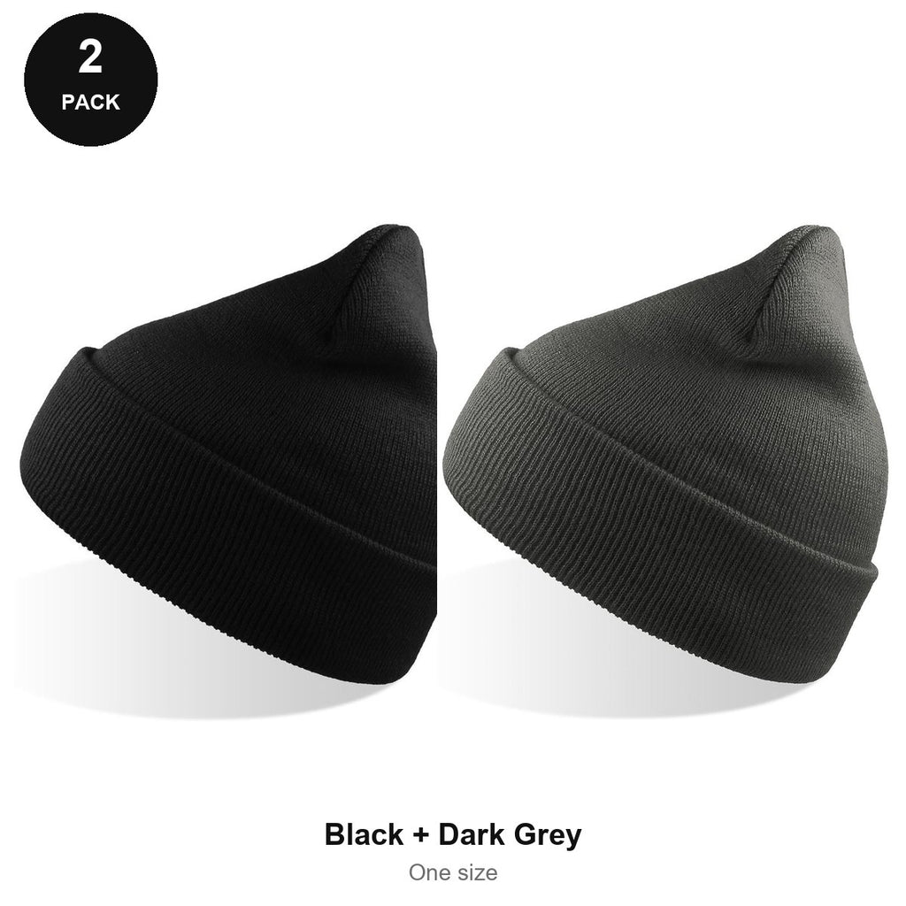 Beanie Hats 2 Pack - 100% recycled polyester knit, One Size - Black + Dark Grey