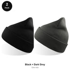 Beanie Hats 2 Pack - 100% recycled polyester knit, One Size - Black + Dark Grey