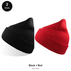 Beanie Hats 2 Pack - 100% recycled polyester knit, One Size - Black + Red