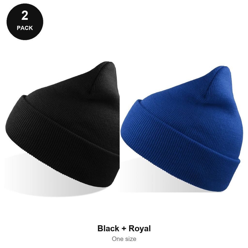 Beanie Hats 2 Pack - 100% recycled polyester knit, One Size - Black + Royal