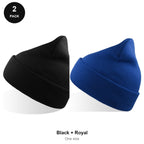 Beanie Hats 2 Pack - 100% recycled polyester knit, One Size - Black + Royal