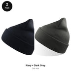 Beanie Hats 2 Pack - 100% recycled polyester knit, One Size - Navy + Dark Grey