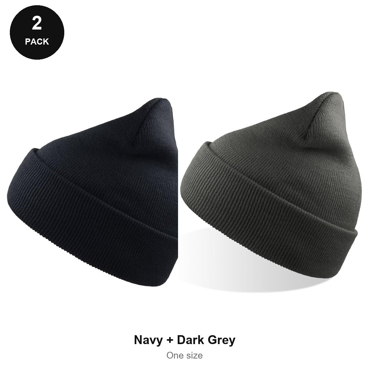 Beanie Hats 2 Pack - 100% recycled polyester knit, One Size - Navy + Dark Grey