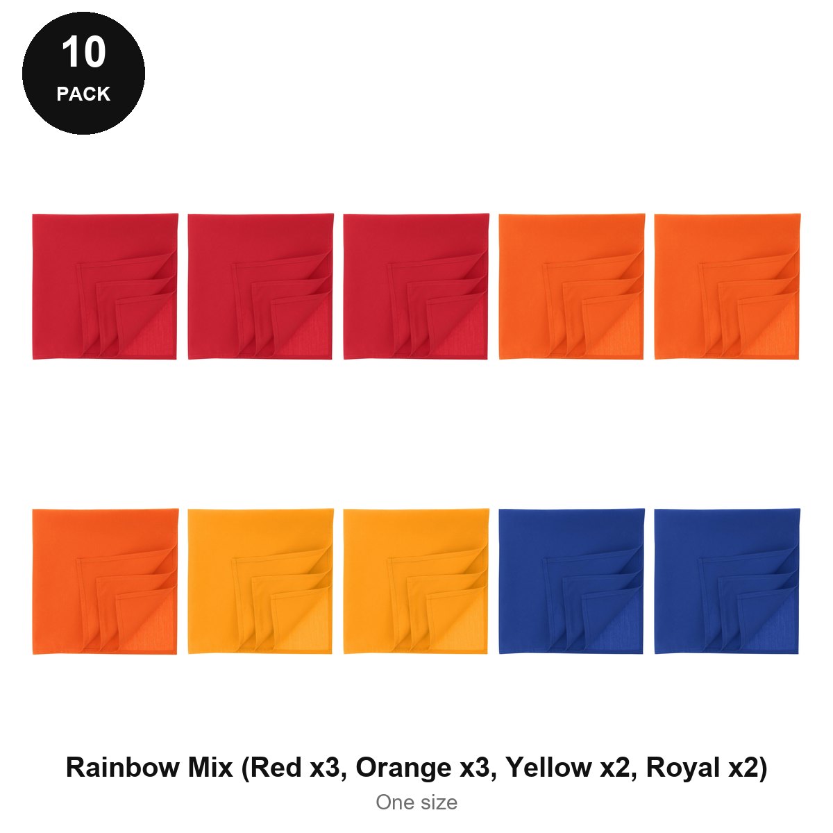 Bandanas 10 Pack - 100% recycled polyester, One Size - Rainbow Mix (Red x3, Orange x3, Yellow x2, Royal x2)