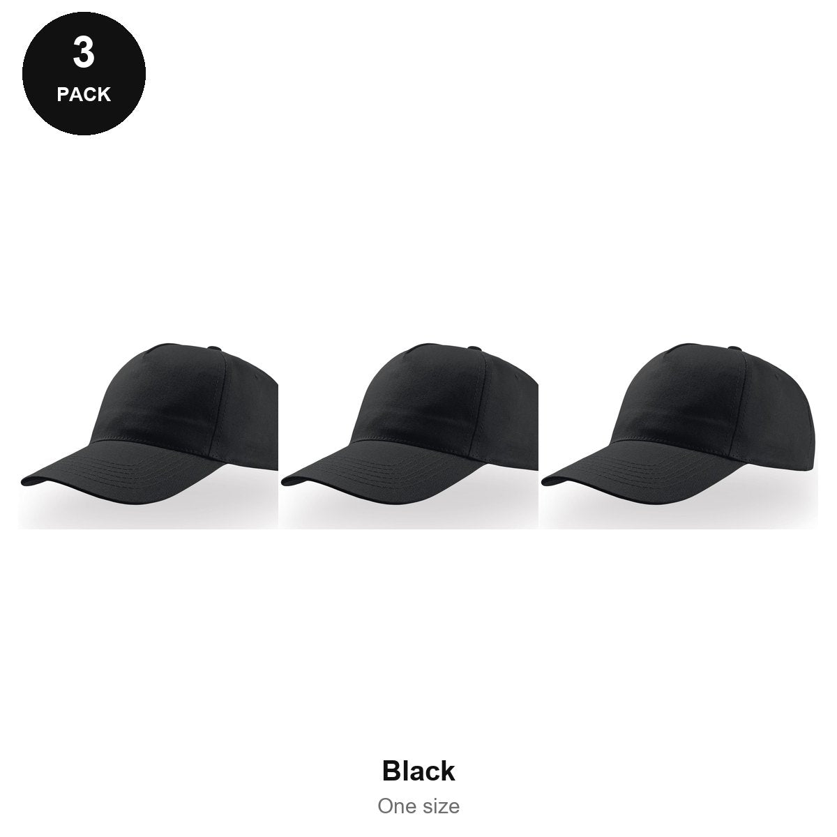 5 Panel Baseball Caps 3 Pack - 100% recycled polyester, One Size - Black