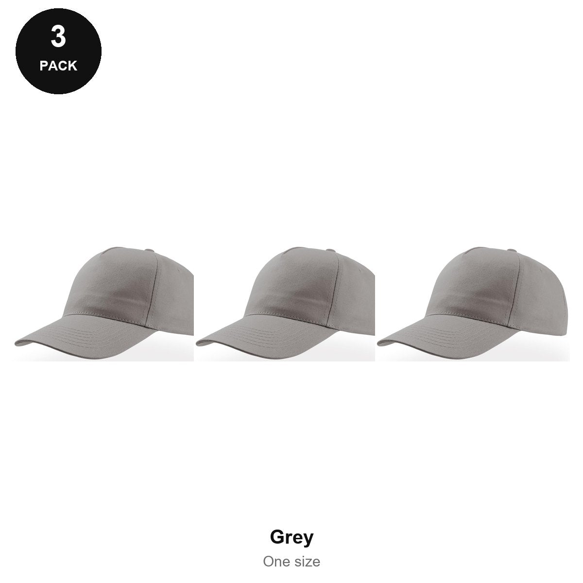 5 Panel Baseball Caps 3 Pack - 100% recycled polyester, One Size - Grey