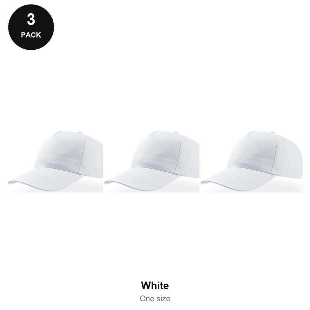 5 Panel Baseball Caps 3 Pack - 100% recycled polyester, One Size - White