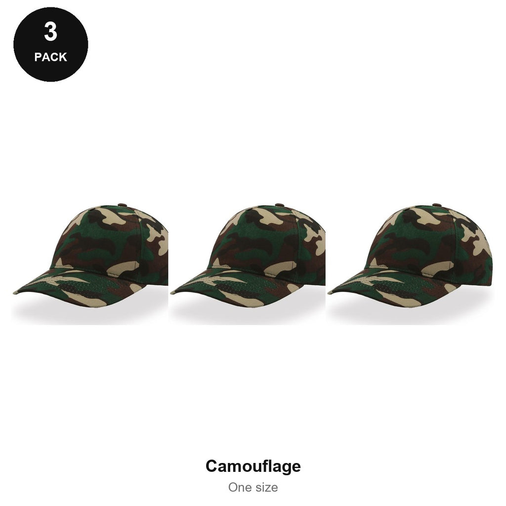 5 Panel Baseball Caps 3 Pack - 100% recycled polyester, One Size - Camouflage