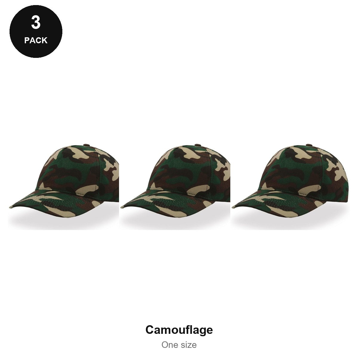 5 Panel Baseball Caps 3 Pack - 100% recycled polyester, One Size - Camouflage