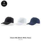 5 Panel Baseball Caps 3 Pack - 100% recycled polyester, One Size - Classic Mix (Black, White, Navy)
