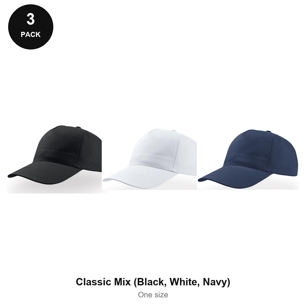5 Panel Baseball Caps 3 Pack - 100% recycled polyester, One Size - Classic Mix (Black, White, Navy)