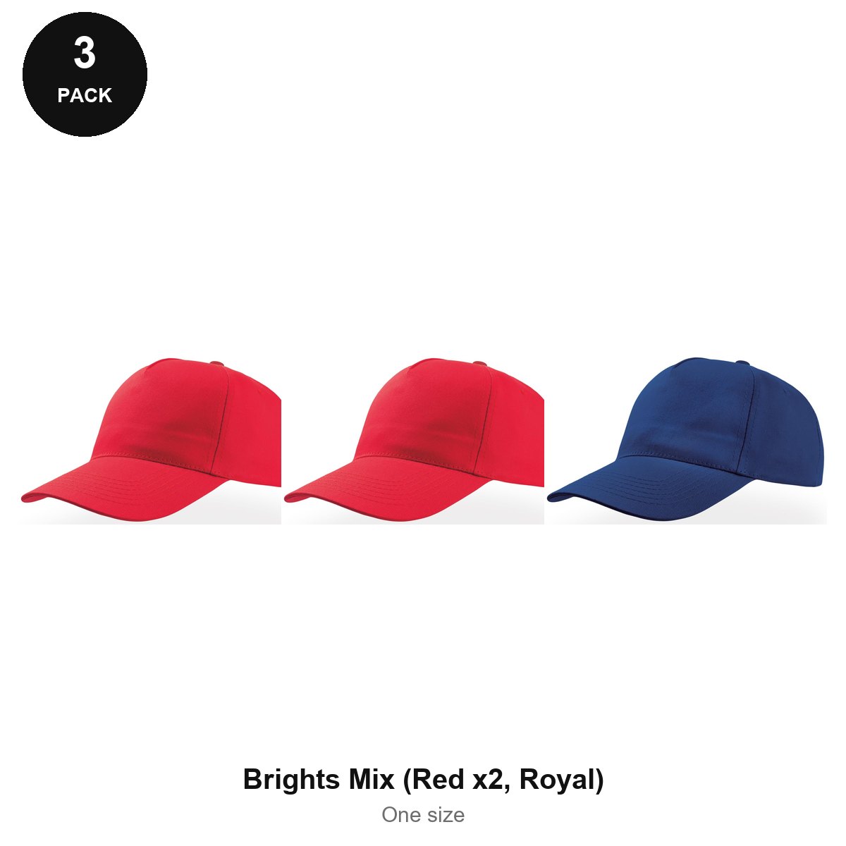5 Panel Baseball Caps 3 Pack - 100% recycled polyester, One Size - Brights Mix (Red x2, Royal)
