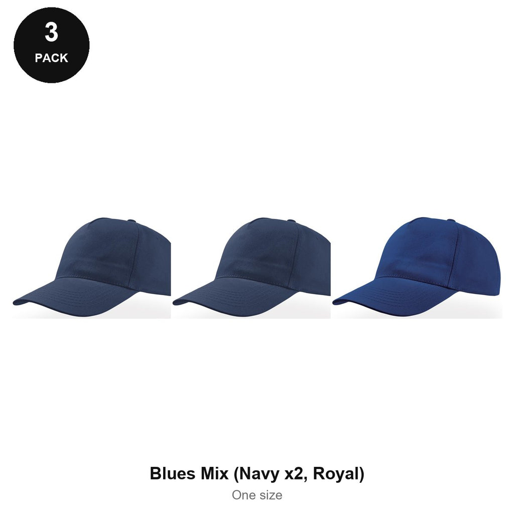 5 Panel Baseball Caps 3 Pack - 100% recycled polyester, One Size - Blues Mix (Navy x2, Royal)