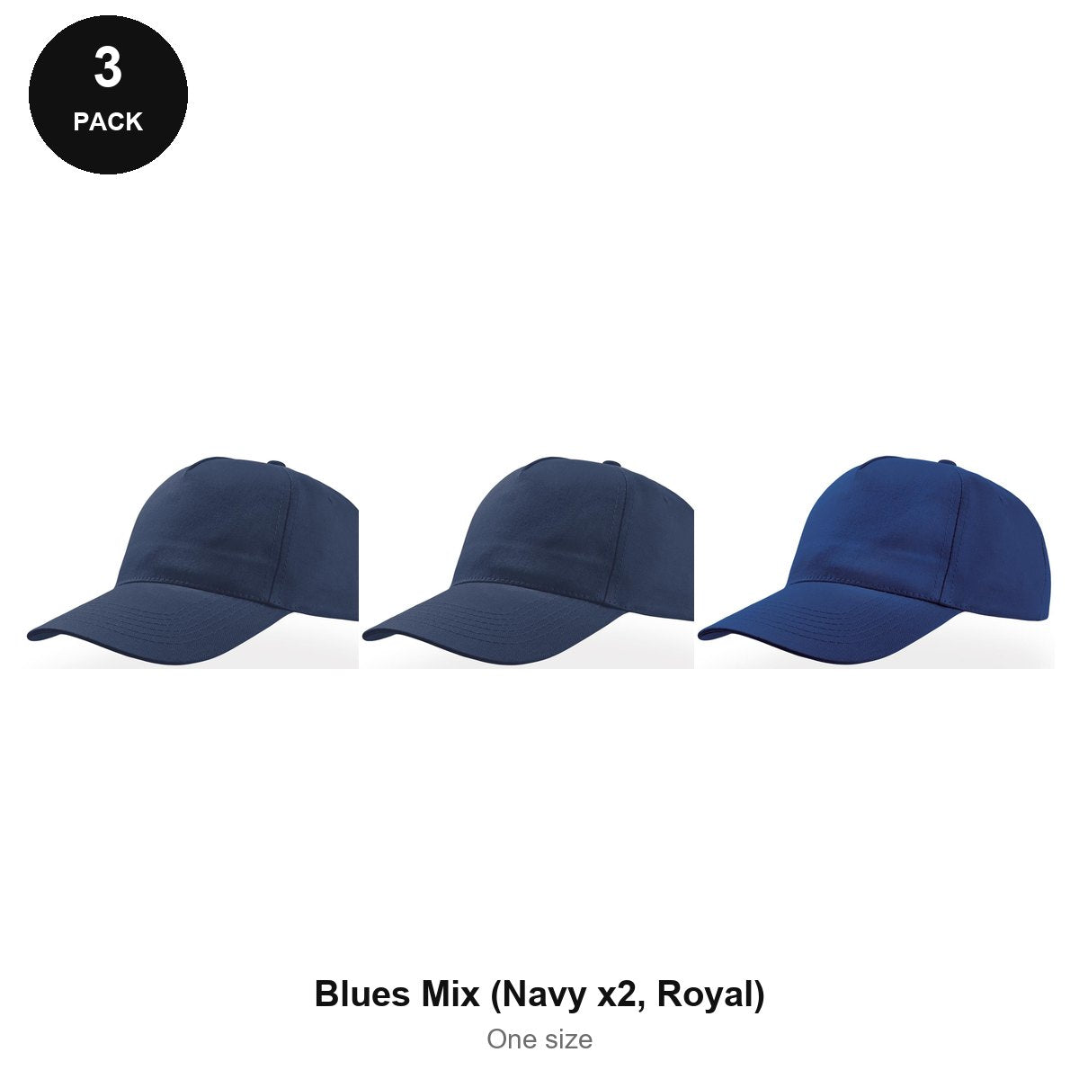 5 Panel Baseball Caps 3 Pack - 100% recycled polyester, One Size - Blues Mix (Navy x2, Royal)