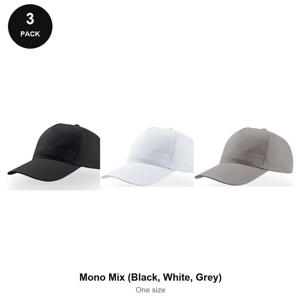 5 Panel Baseball Caps 3 Pack - 100% recycled polyester, One Size - Mono Mix (Black, White, Grey)