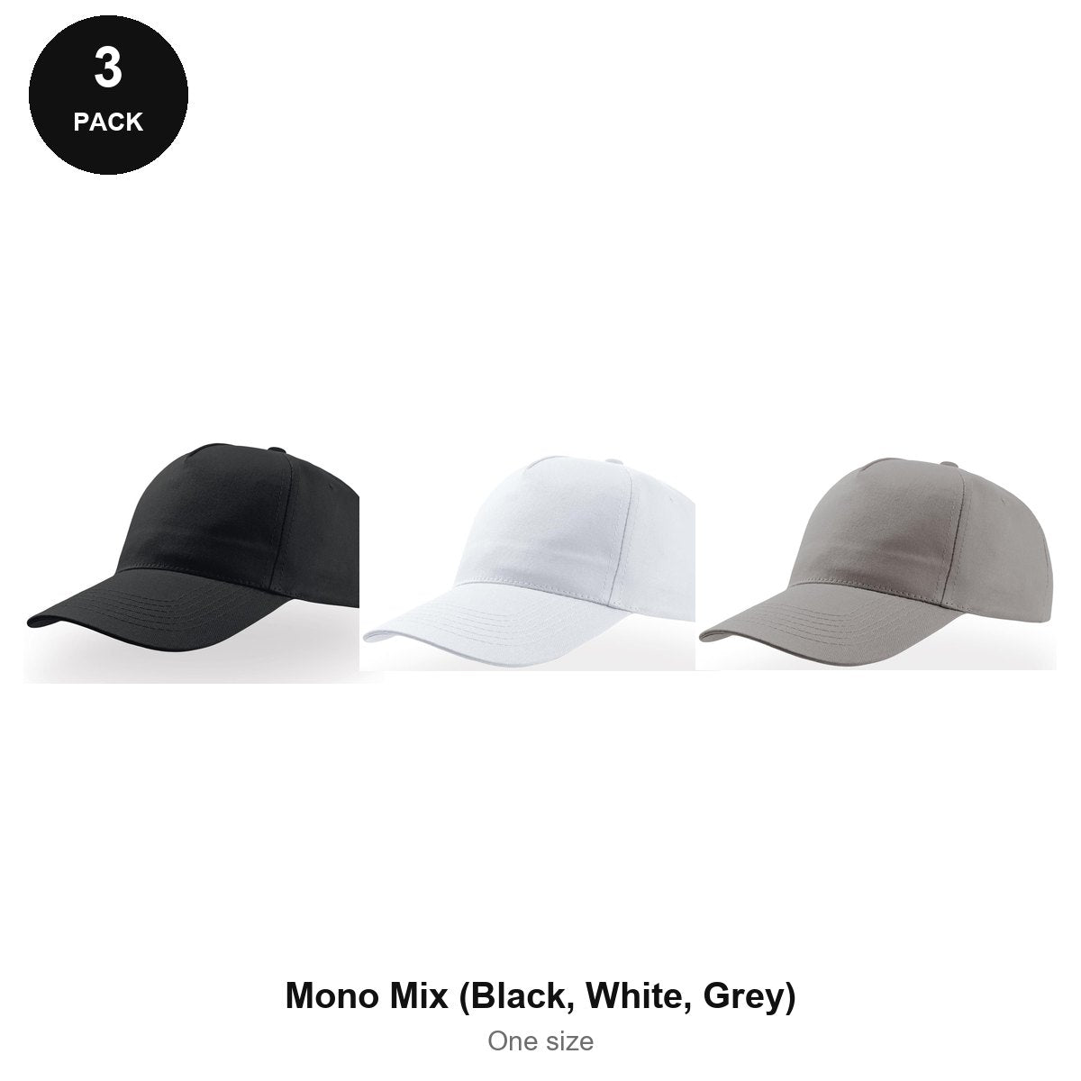 5 Panel Baseball Caps 3 Pack - 100% recycled polyester, One Size - Mono Mix (Black, White, Grey)