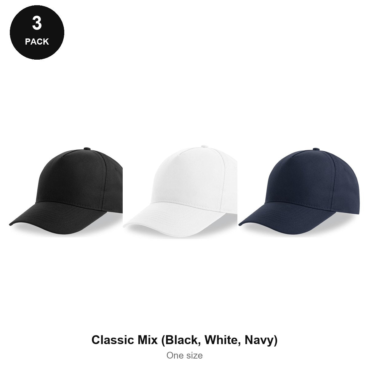 Recycled Baseball Caps 3 Pack - 100% recycled polyester, One Size - Classic Mix (Black, White, Navy)