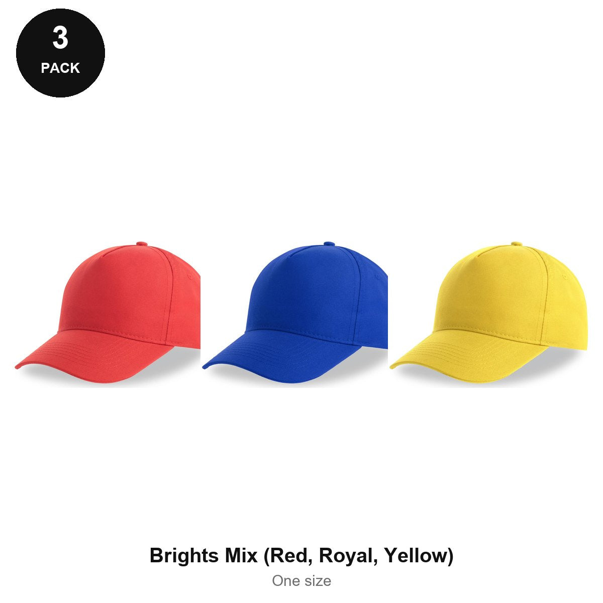 Recycled Baseball Caps 3 Pack - 100% recycled polyester, One Size - Brights Mix (Red, Royal, Yellow)