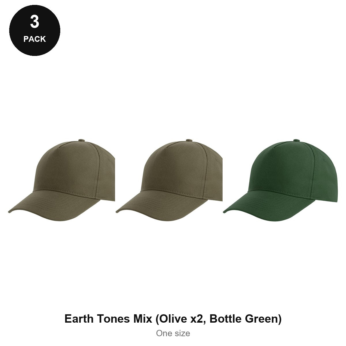 Recycled Baseball Caps 3 Pack - 100% recycled polyester, One Size - Earth Tones Mix (Olive x2, Bottle Green)