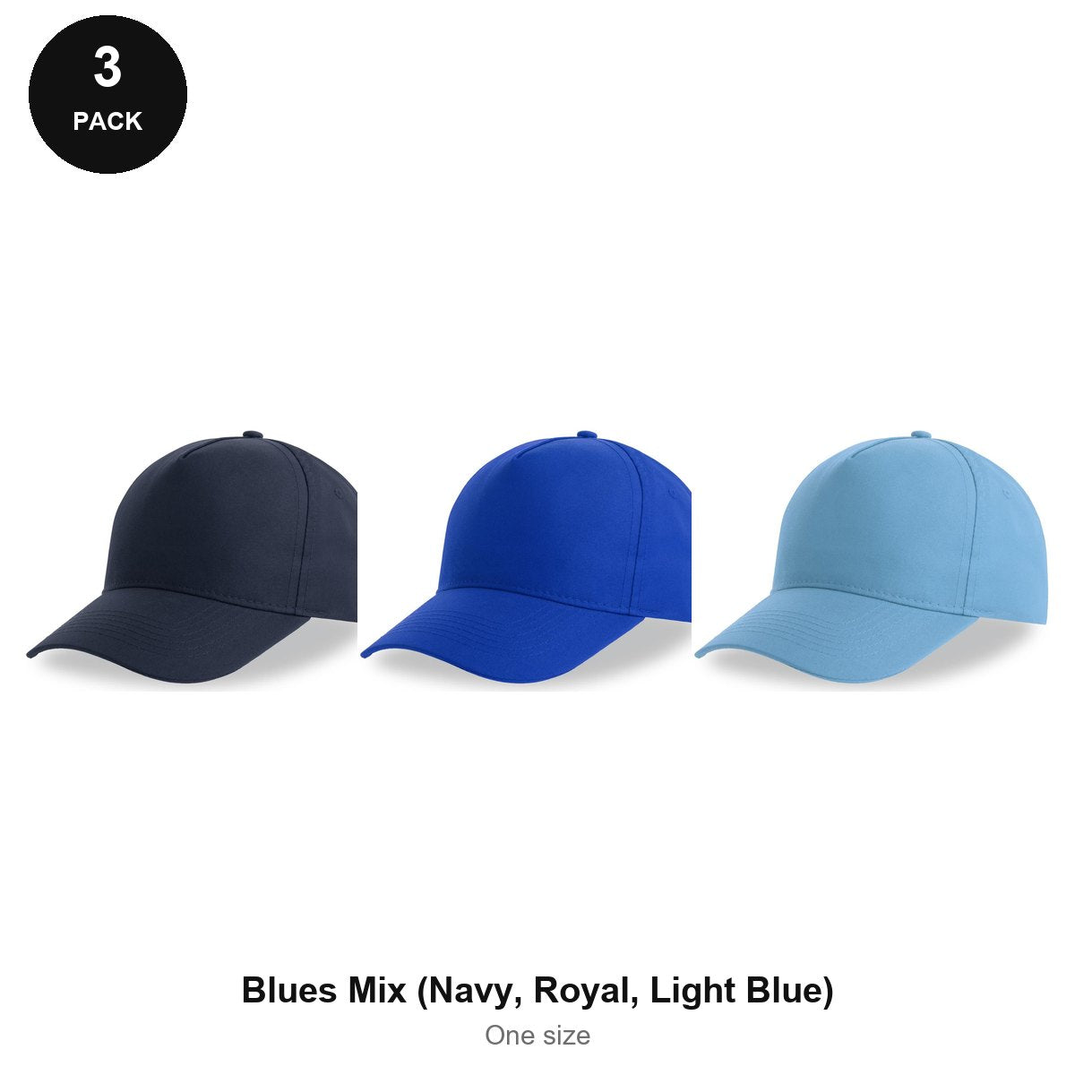 Recycled Baseball Caps 3 Pack - 100% recycled polyester, One Size - Blues Mix (Navy, Royal, Light Blue)
