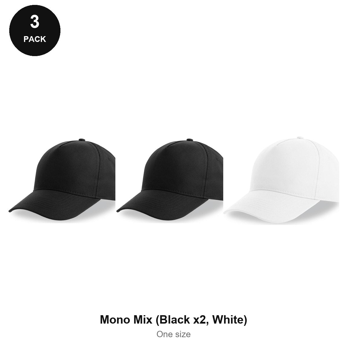 Recycled Baseball Caps 3 Pack - 100% recycled polyester, One Size - Mono Mix (Black x2, White)