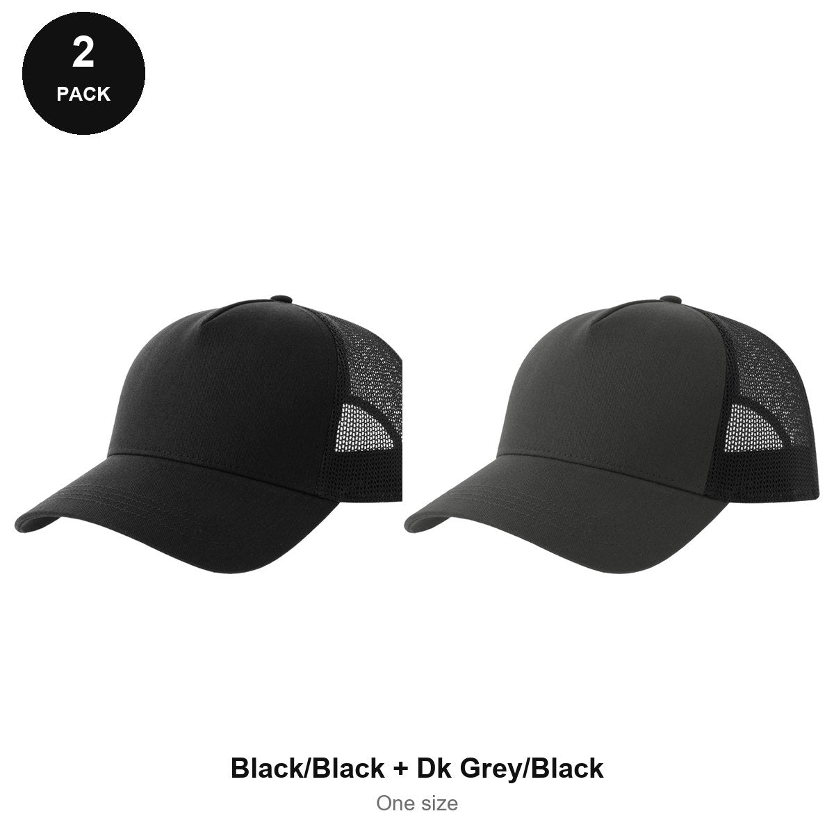 Trucker Caps 2 Pack - Cotton twill, One Size - Black/Black + Dk Grey/Black