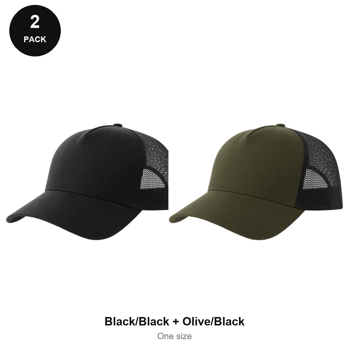 Trucker Caps 2 Pack - Cotton twill, One Size - Black/Black + Olive/Black