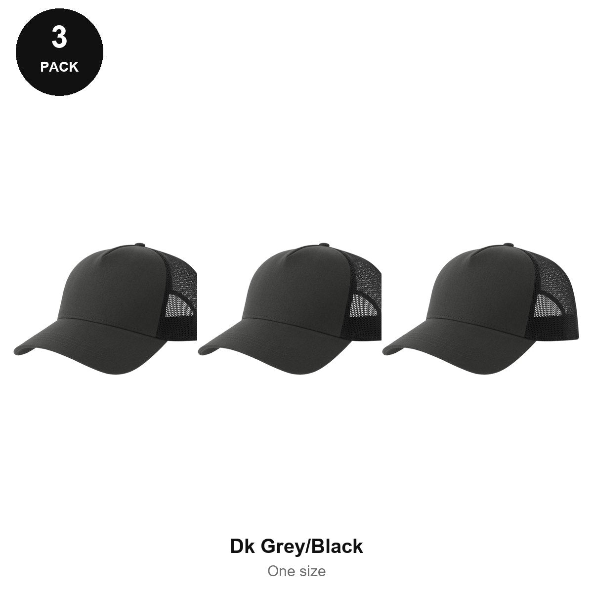 Trucker Caps 3 Pack - Cotton twill, One Size - Dk Grey/Black