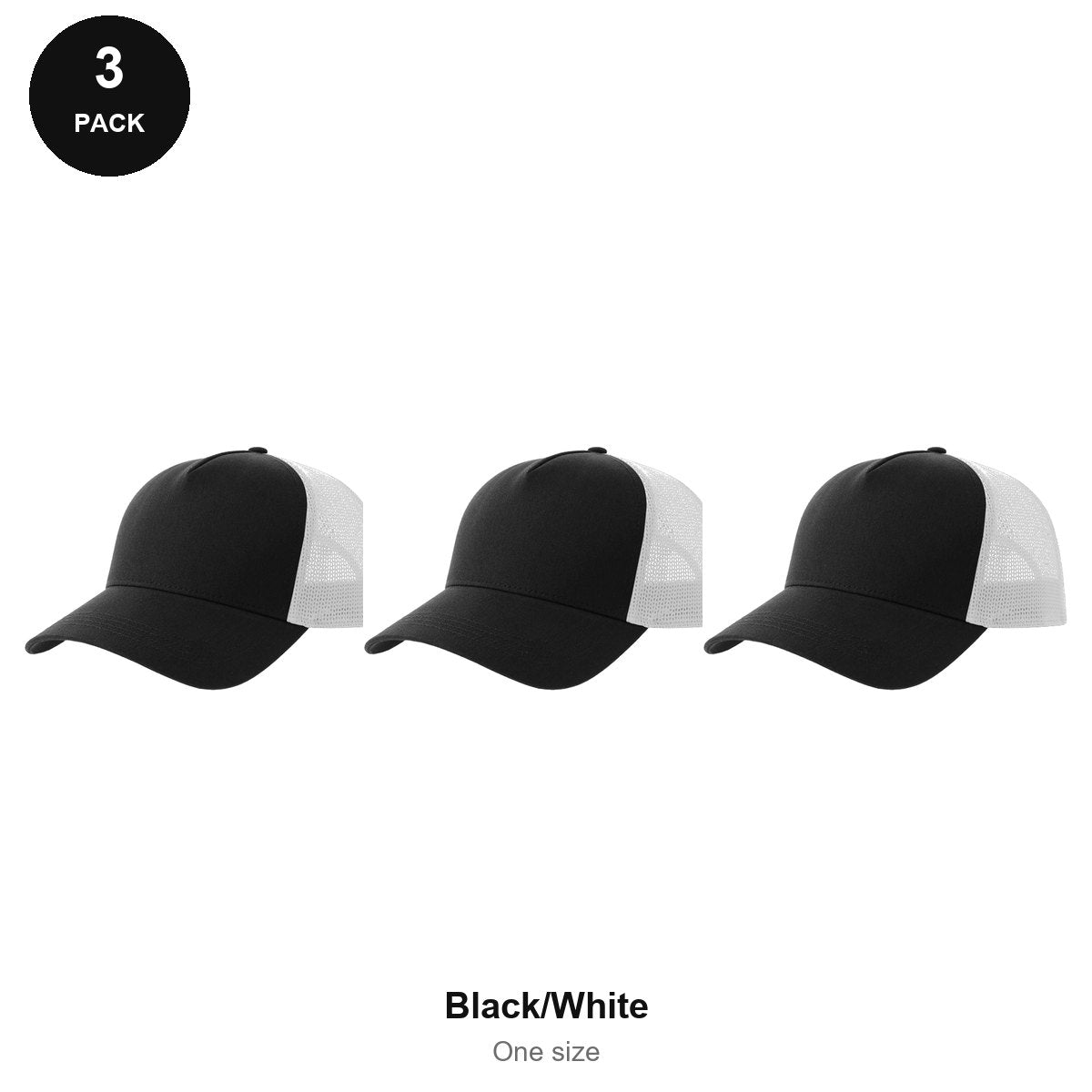 Trucker Caps 3 Pack - Cotton twill, One Size - Black/White