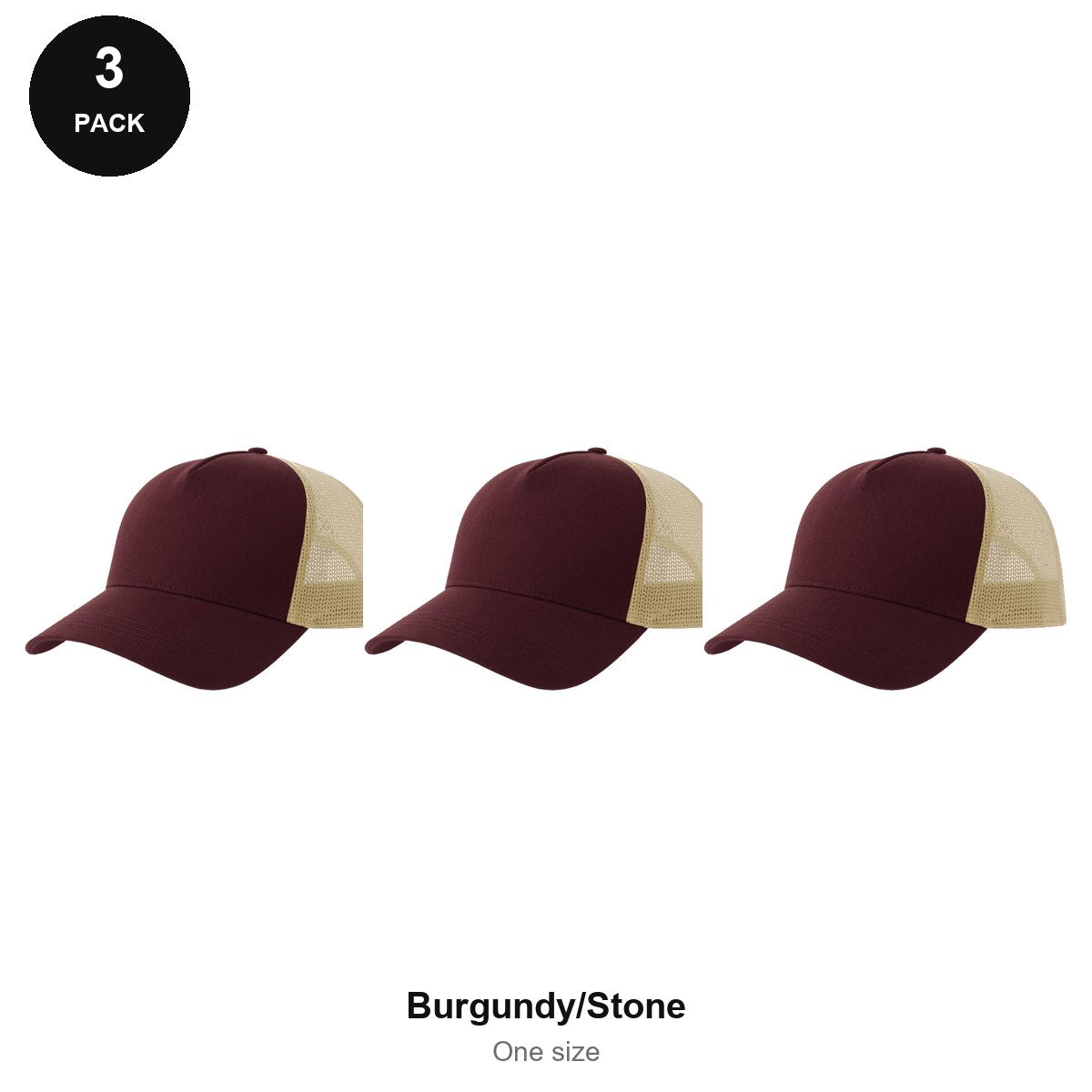 Trucker Caps 3 Pack - Cotton twill, One Size - Burgundy/Stone