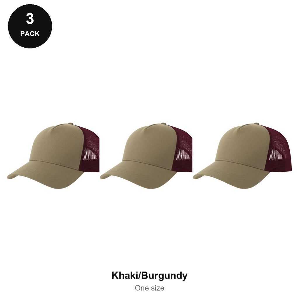 Trucker Caps 3 Pack - Cotton twill, One Size - Khaki/Burgundy