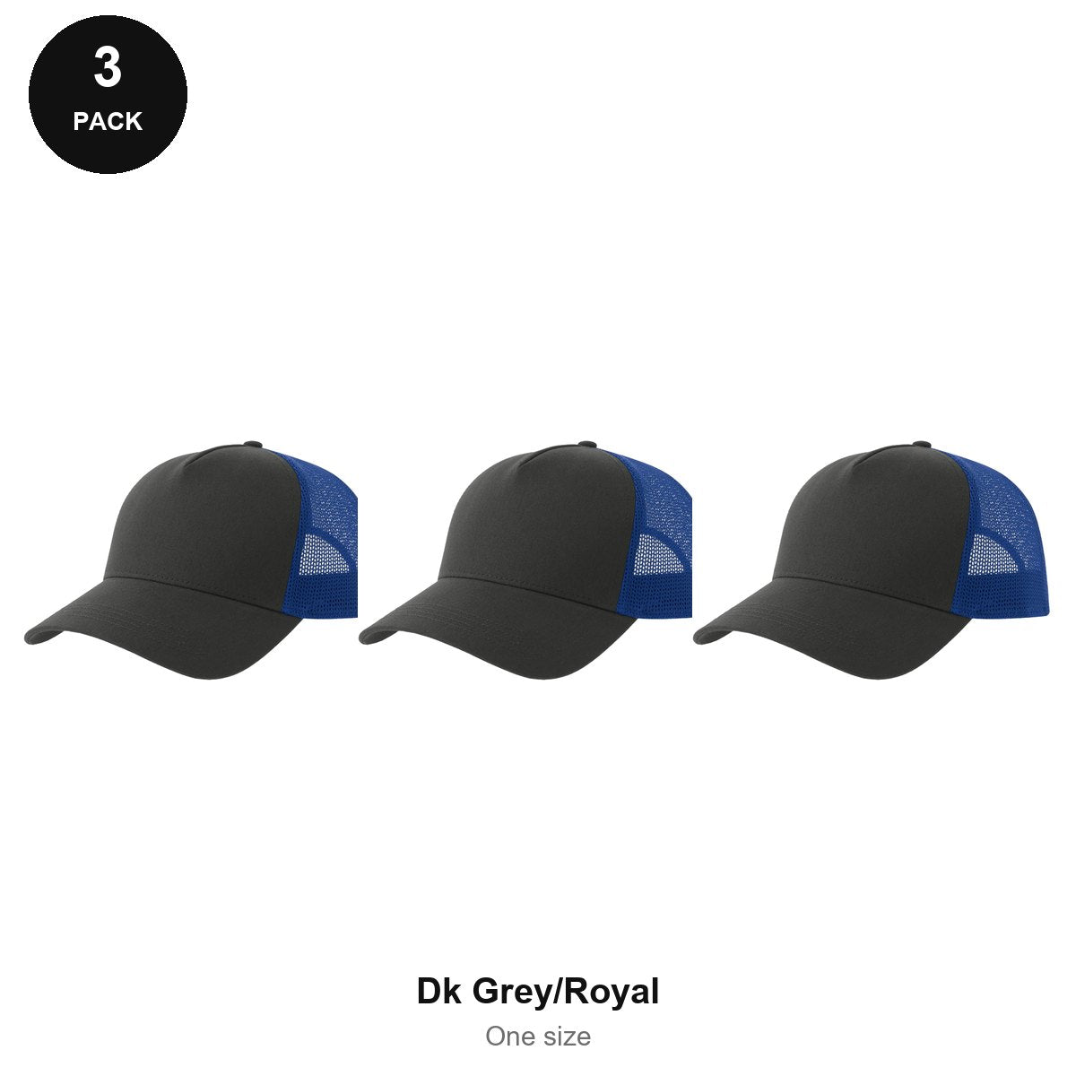 Trucker Caps 3 Pack - Cotton twill, One Size - Dk Grey/Royal