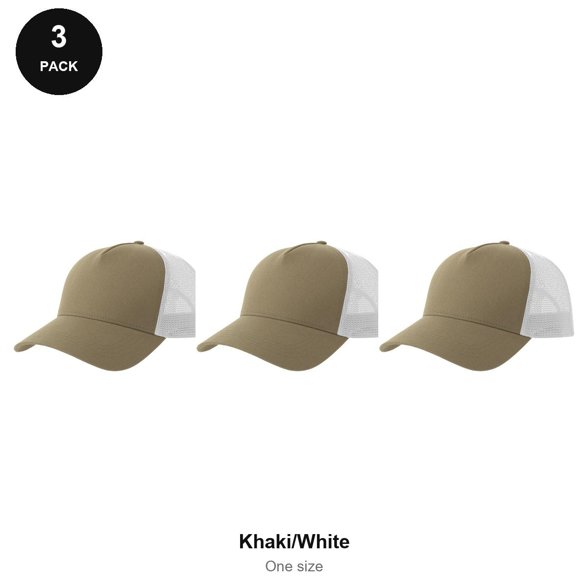 Trucker Caps 3 Pack - Cotton twill, One Size - Khaki/White