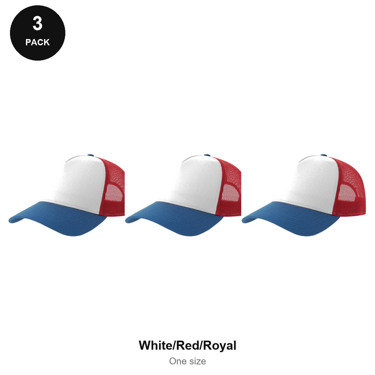 Trucker Caps 3 Pack - Cotton twill, One Size - White/Red/Royal