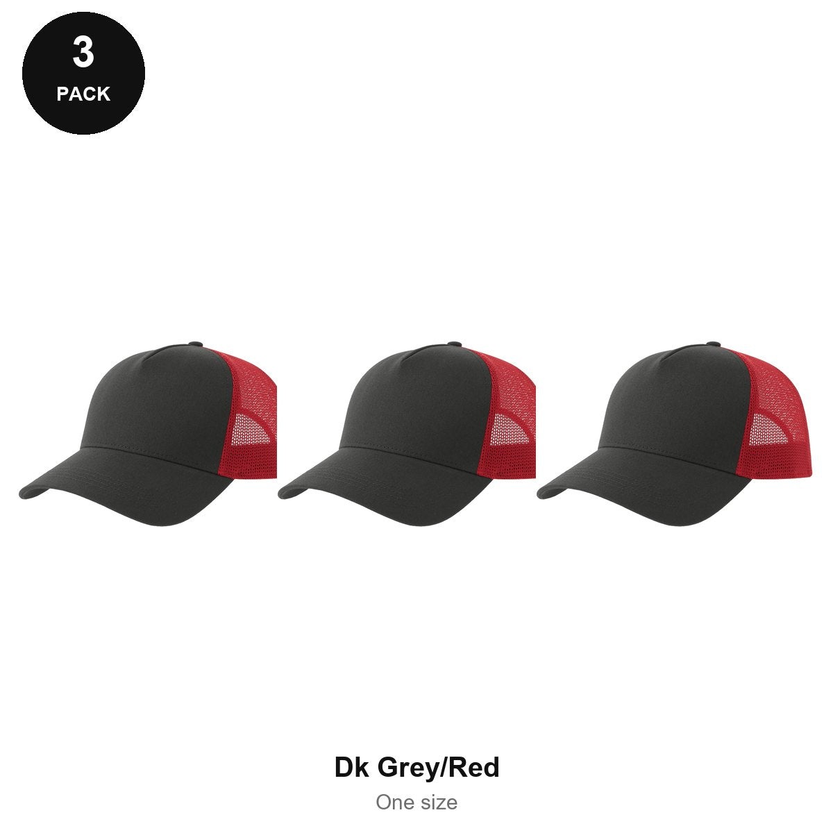 Trucker Caps 3 Pack - Cotton twill, One Size - Dk Grey/Red