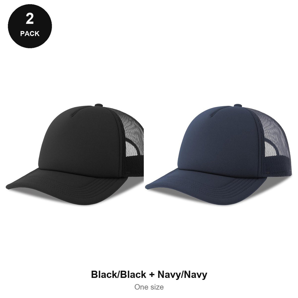 Foam Trucker Caps 2 Pack - Foam front / polyester mesh, One Size - Black/Black + Navy/Navy