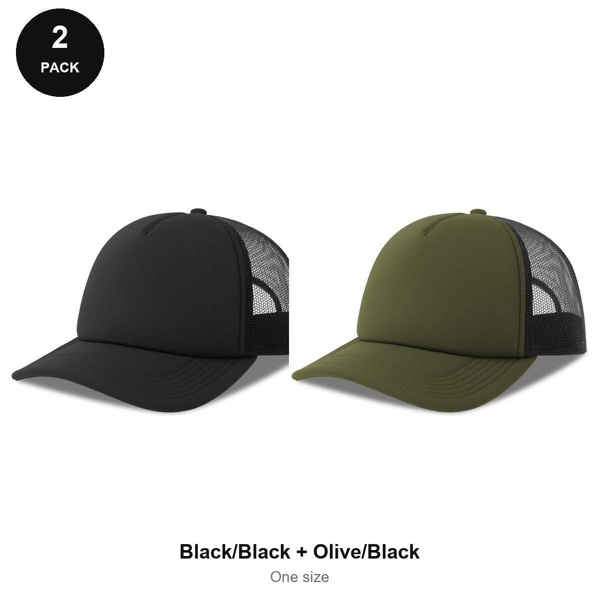 Foam Trucker Caps 2 Pack - Foam front / polyester mesh, One Size - Black/Black + Olive/Black