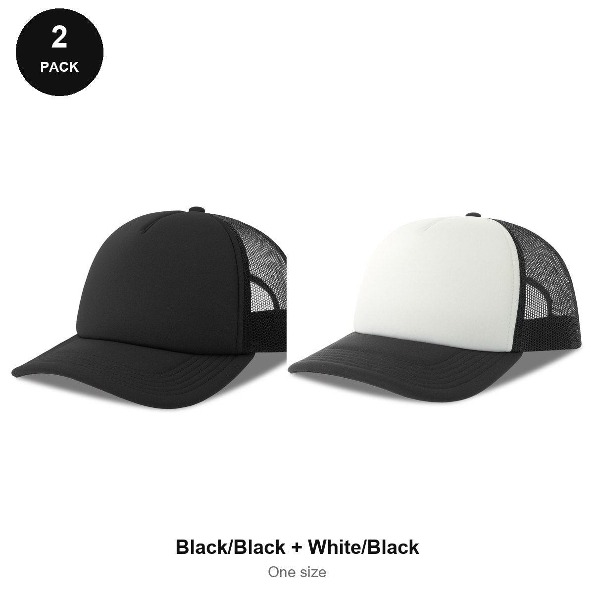 Foam Trucker Caps 2 Pack - Foam front / polyester mesh, One Size - Black/Black + White/Black
