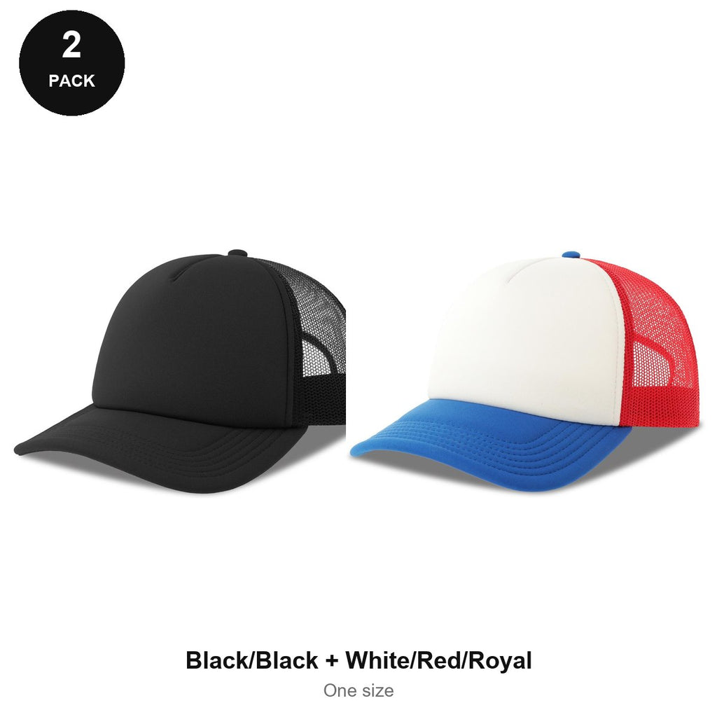 Foam Trucker Caps 2 Pack - Foam front / polyester mesh, One Size - Black/Black + White/Red/Royal