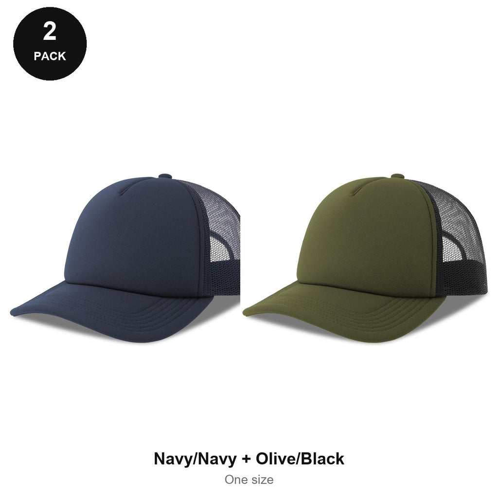 Foam Trucker Caps 2 Pack - Foam front / polyester mesh, One Size - Navy/Navy + Olive/Black