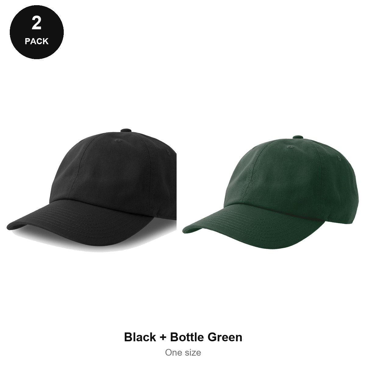 Dad Caps 2 Pack - Cotton, One Size - Black + Bottle Green